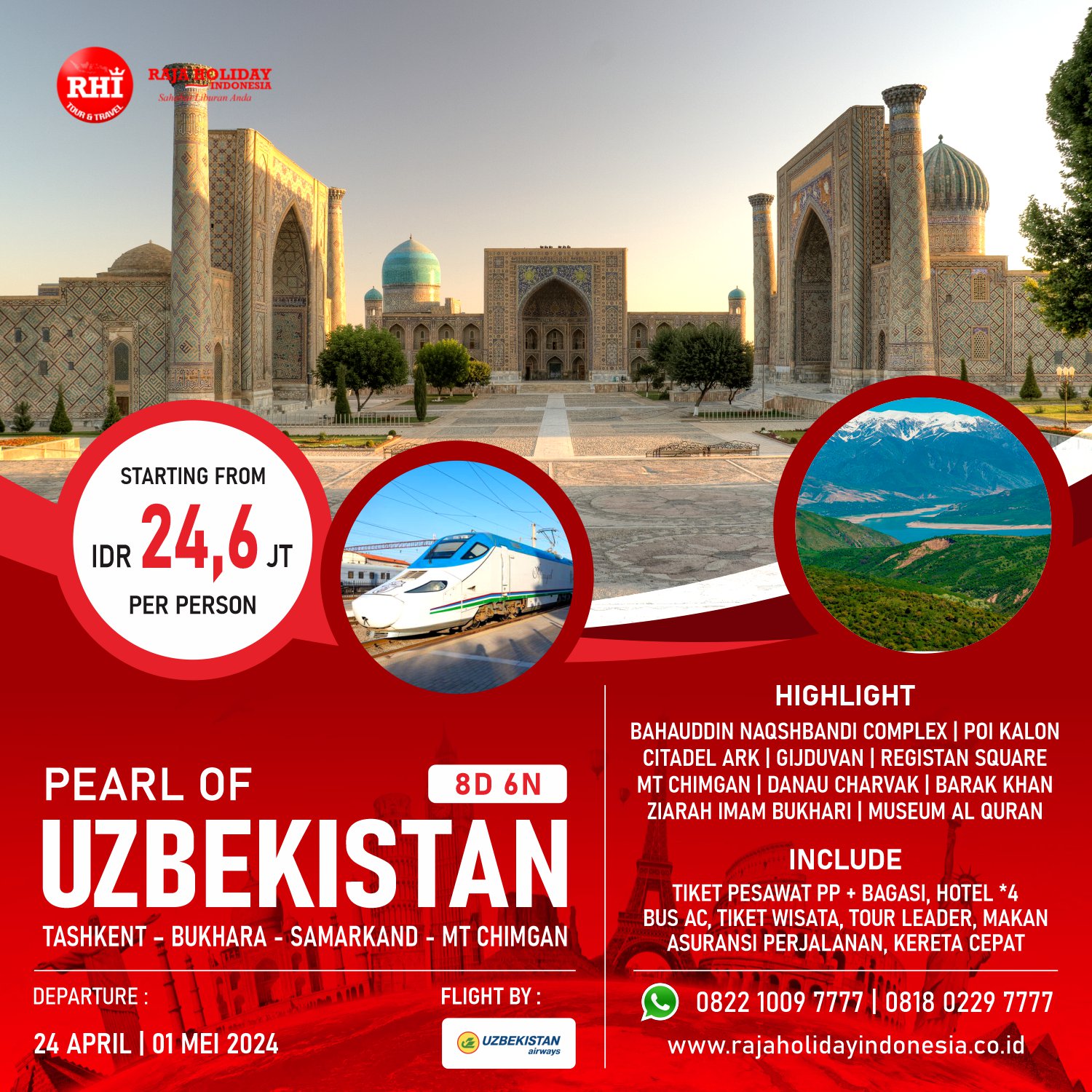 Tour Pearl Of Uzbekistan Tashkent Samarkand Mt Chimgan - 8D6N - Paket ...